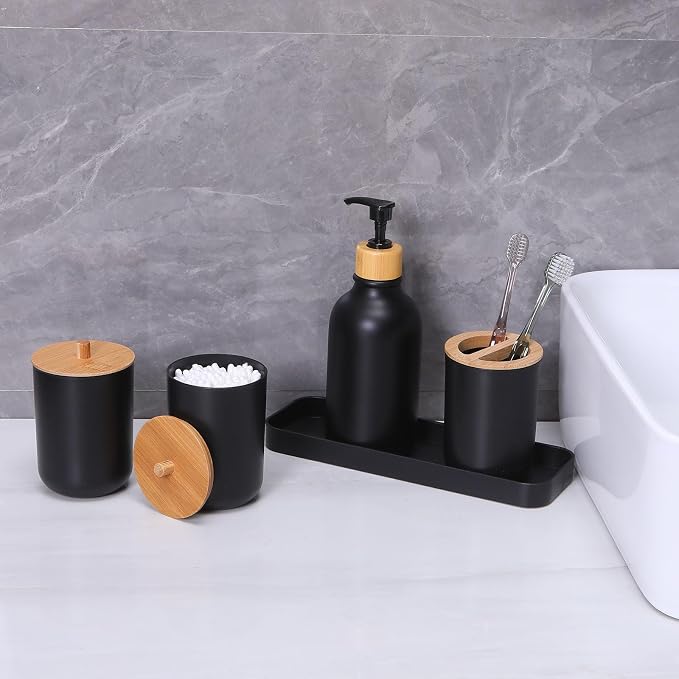 Matte Black Bathroom Accessories Set 9PCS, Bamboo Bathroom Accessories Sets - Image 7