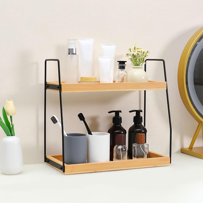 Bamboo Bathroom Counter Organizer, Wooden Bathroom Sink Countertop Organizer - Image 2