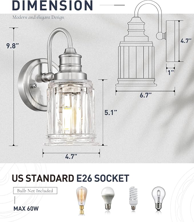 Brushed Nickel Wall Sconce, HWH Modern Sconce Wall Lighting Vanity Sconce Lights - Image 2