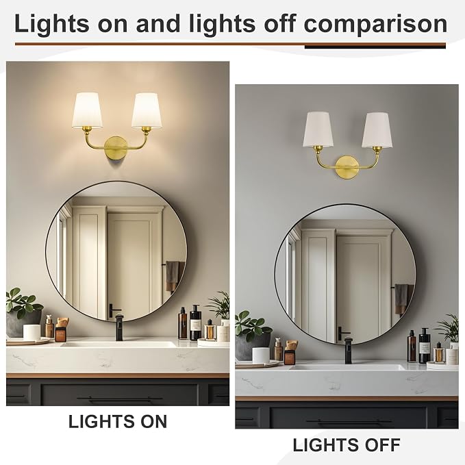 Bathroom Vanity Light, Brushed Gold Bathroom Light Fixtures, 2-Light Lighting - Image 4