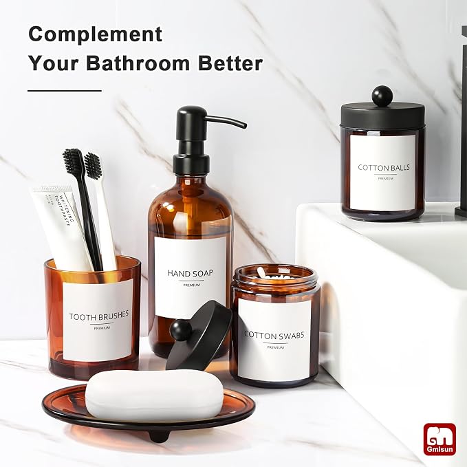 GMISUN Bathroom Accessories Set, 5 Pack Amber Glass Bath Accessory Sets Complete - Image 7