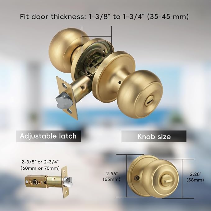 Gold Door Knobs for Privacy, Brass Door Knob Interior for Bath & Bedroom - Image 3