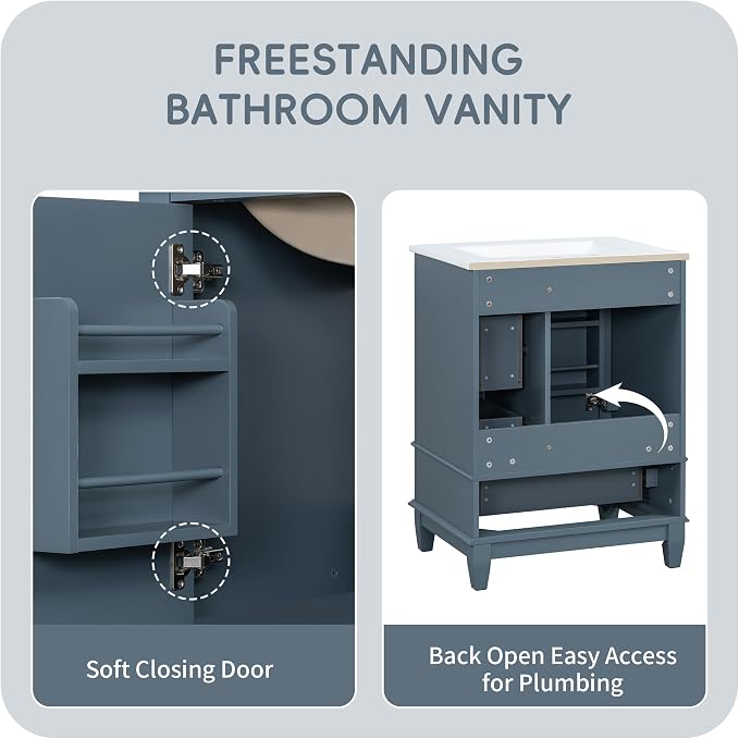 24" Bathroom Vanity with Sink, Harper & Bright Designs Free Standing Single - Image 5