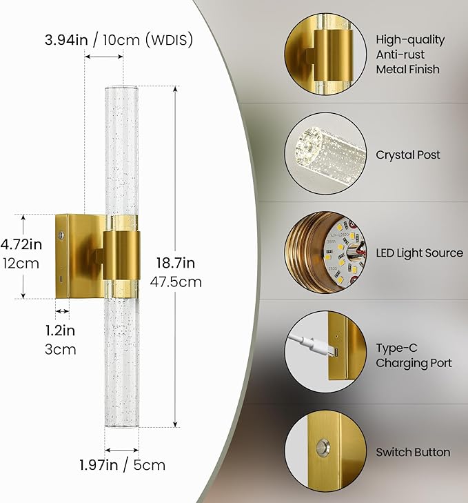 Gold Wall Sconces Set of Two Battery Operated, Wireless Rechargeable Wall - Image 3