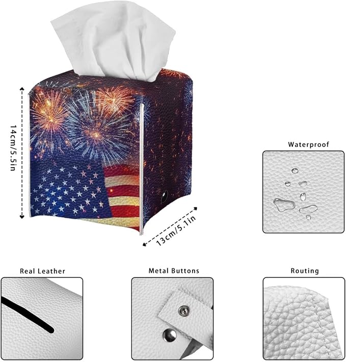 Firework American Flag Tissue Box Holder Square PU Leather Tissue Organizer Case - Image 7