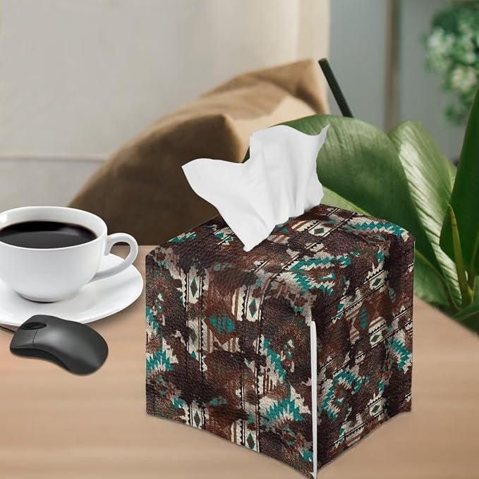Aztec Cowhide Minimalist Tissue Box Holder, Square PU Leather Napkin Organizer - Image 4