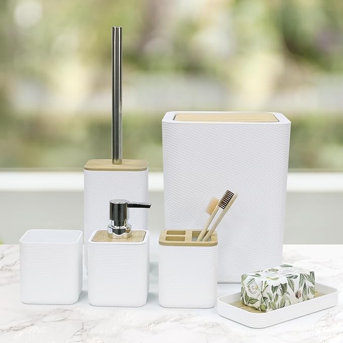 CERBIOR Bathroom Accessories Set 6 Piece Bamboo Bath Ensemble Includes Soap - Image 5