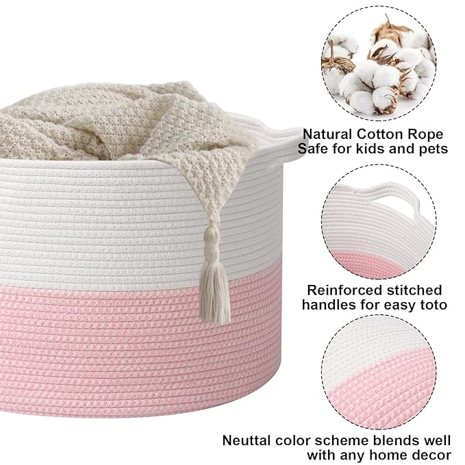 65L Large Blanket Basket, 19.7" L x 19.7" W x 13" H Rope Woven Baskets - Image 3