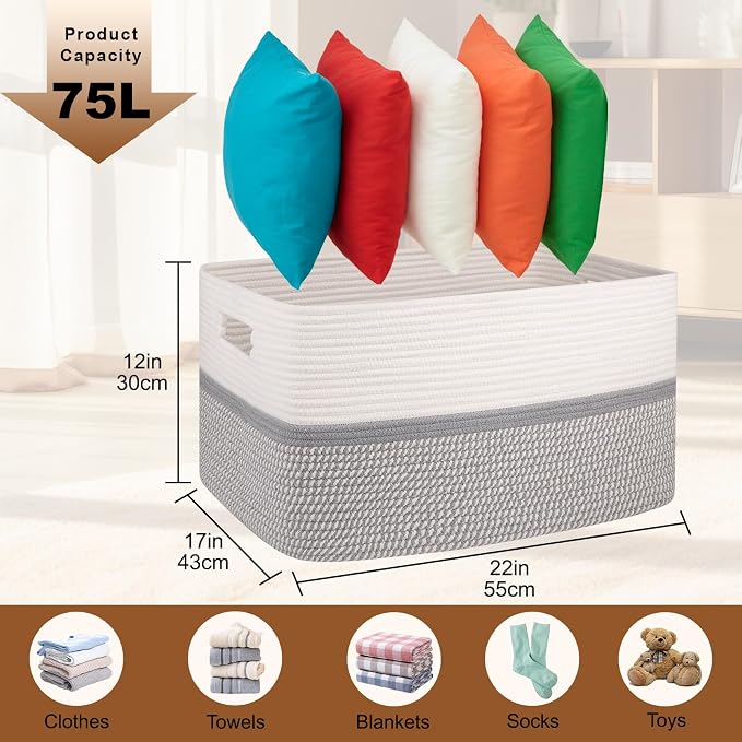 OIAHOMY Large Blanket Basket, 22”x17”x12” Rectangle Woven Baskets, Nursery - Image 3