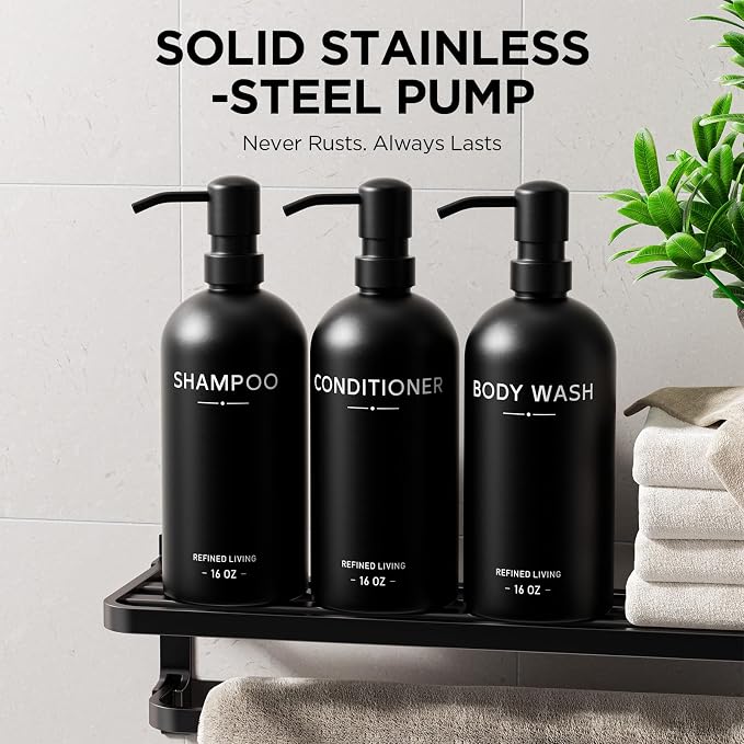 Shampoo and Conditioner Dispenser Set, 3 Refillable 16oz Bottles - Image 4
