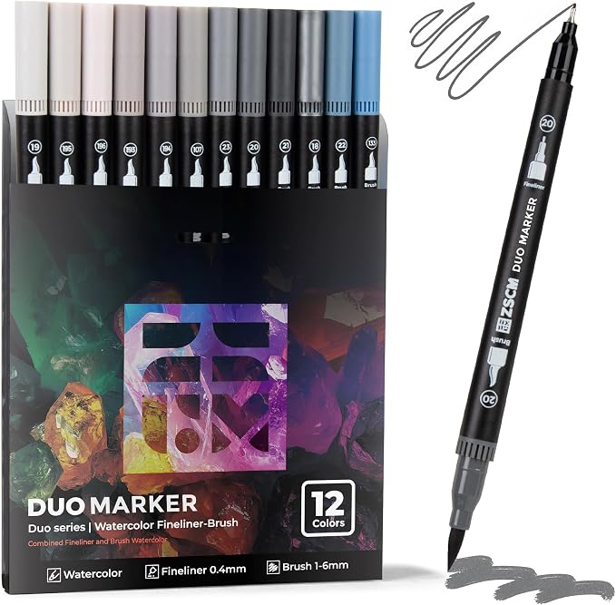 Gray Duo Tip Marker Pens, 12 Pack Fine & Brush Markers by ZSCM