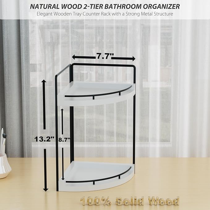 Corner Bathroom Counter Organizer, 2 Tier Wood Vanity Storage, Waterproof - Image 7