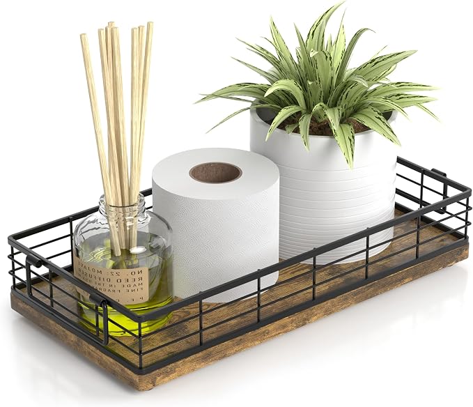Toilet Paper Basket, 13 Inch Farmhouse Bathroom Basket MDF and Iron Tray Top of by JNFUZ