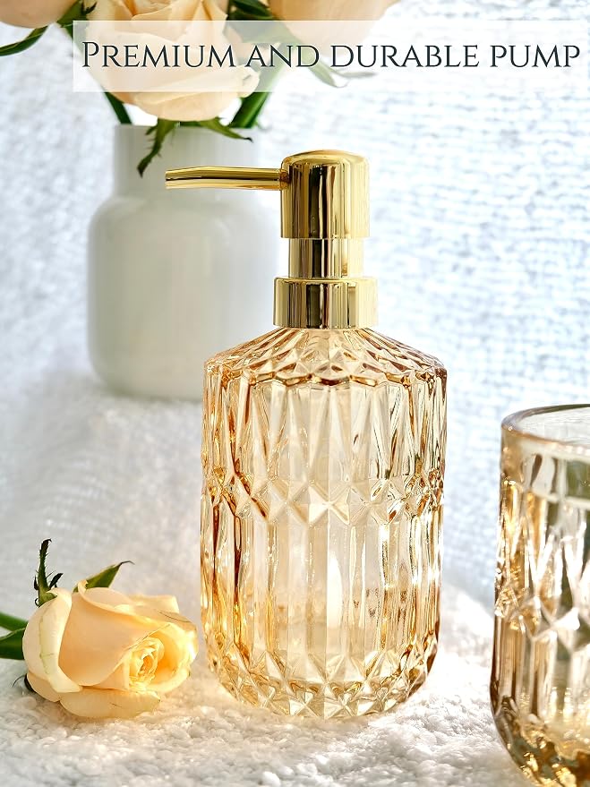 Clear Gold Bathroom Accessorries Set, Lotion Soap Dispenser, Toothbrush Holder - Image 2
