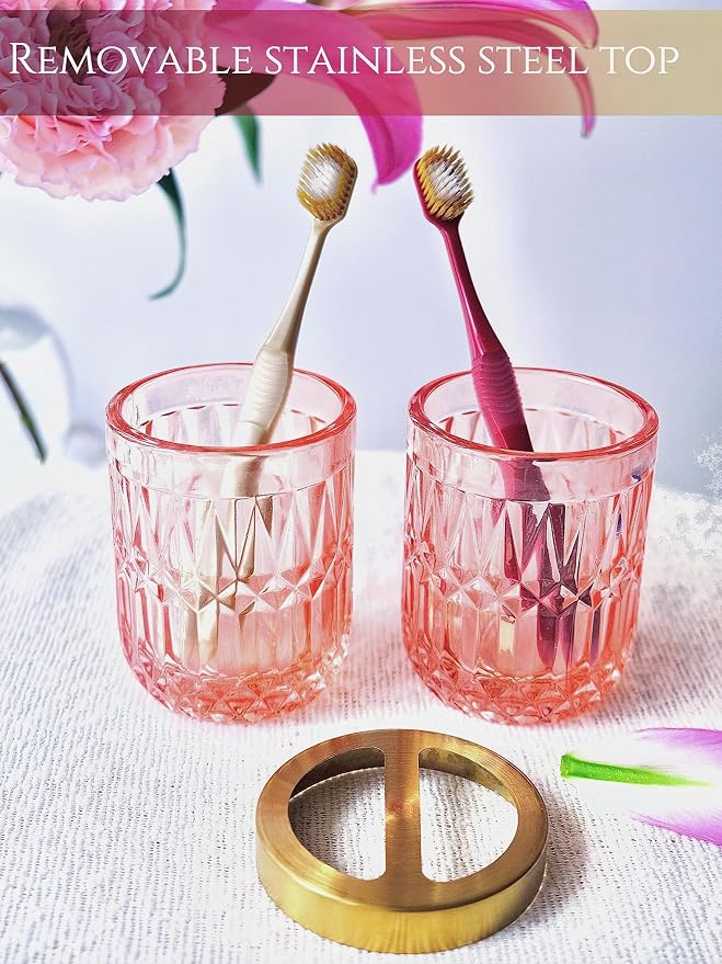 5pcs Clear Glass Bathroom Accessories Set, Crystal Pink Bathroom Decor Set - Image 4