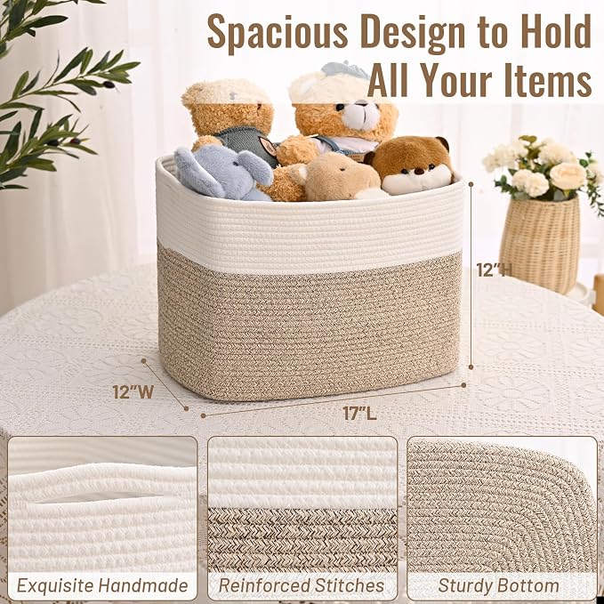 3 Pack Cube Storage Bin, 17”x12”x12” Cotton Rope Woven Baskets - Image 4