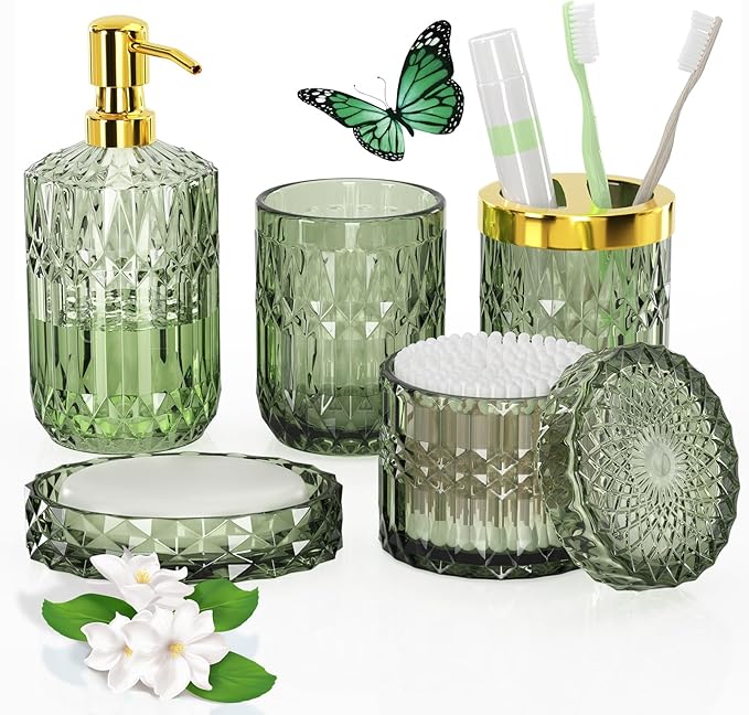 Green Glass Bathroom Accessories Set 5 Pcs, Soap Dispenser and Toothbrush by QIQU
