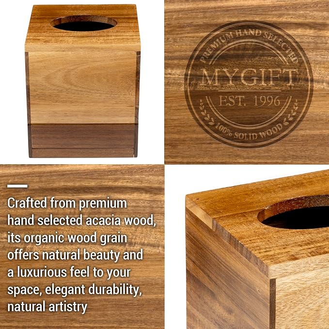 MyGift Premium Dual Tone Solid Acacia Wood Square Bathroom Facial Tissue Box - Image 4