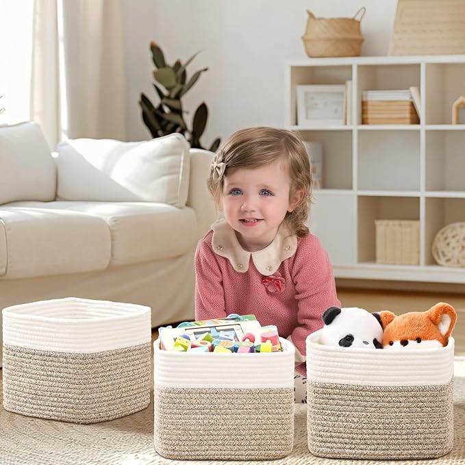 3 Pack Cube Storage Bin, 9”x9”x7” Cotton Rope Woven Baskets - Image 2