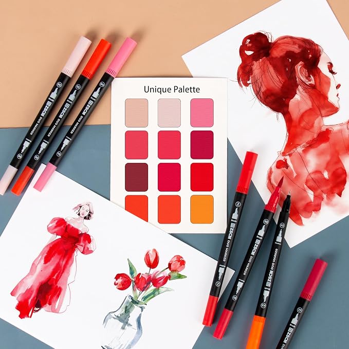 Red Duo Tip Marker Pens, 12 Pack Fine & Brush Markers - Image 5