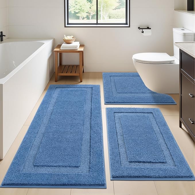 SHACOS Blue Bathroom Rugs Sets 3 Piece, Soft Fluffy Water Absorbent Bathroom - Image 7