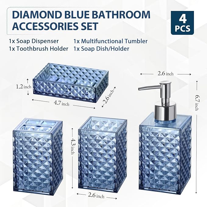 Bathroom Accessories Set, 4 Pack Blue Acrylic Bath Accessory Sets Complete - Image 2