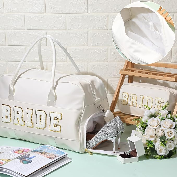 2 Pcs Wedding Weekender Bag Bride Groom Duffle Bag Chenille Letter Patch Travel - Image 5