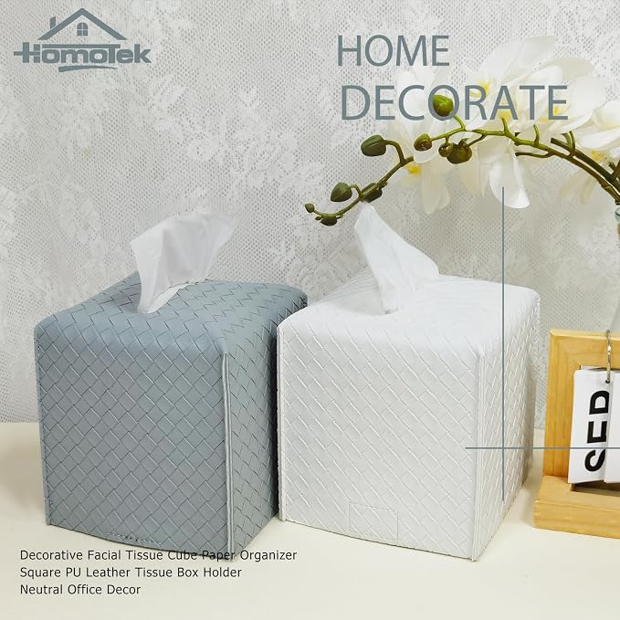 HOMOTEK 2 Pack Tissue Box Cover, PU Leather Tissue Holder, Square Decorative - Image 6