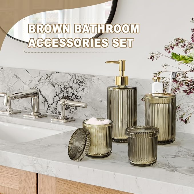 Brown Glass Bathroom Accessories 4 Pcs, Soap Dispenser and Toothbrush Holder Set - Image 6