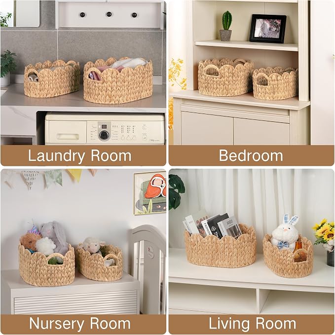 Scalloped Wicker Basket, Water Hyacinth Storage Oval Cute Baby Baskets - Image 7