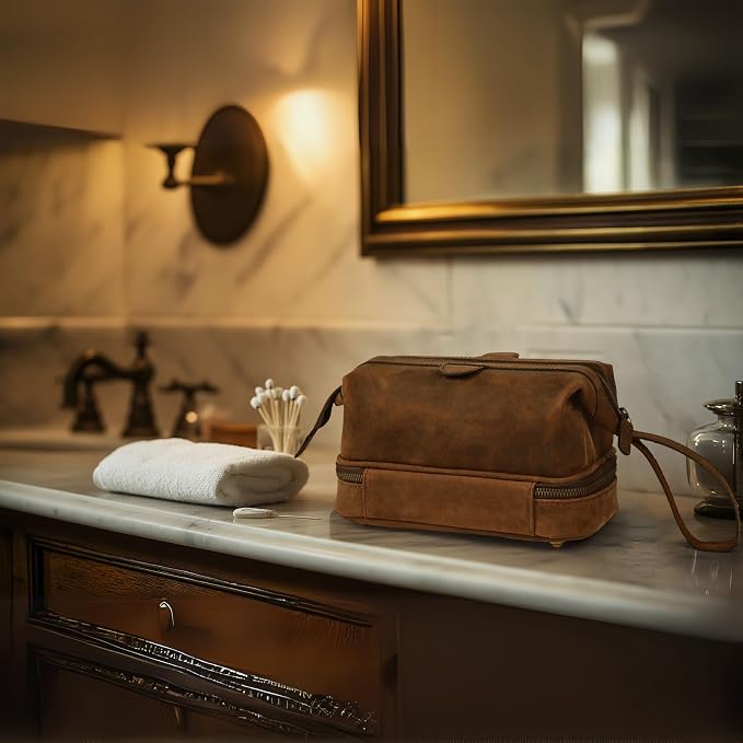 LEATHER VILLAGE Genuine Leather Dopp Kit – Large Travel Toiletry Bag - Image 7
