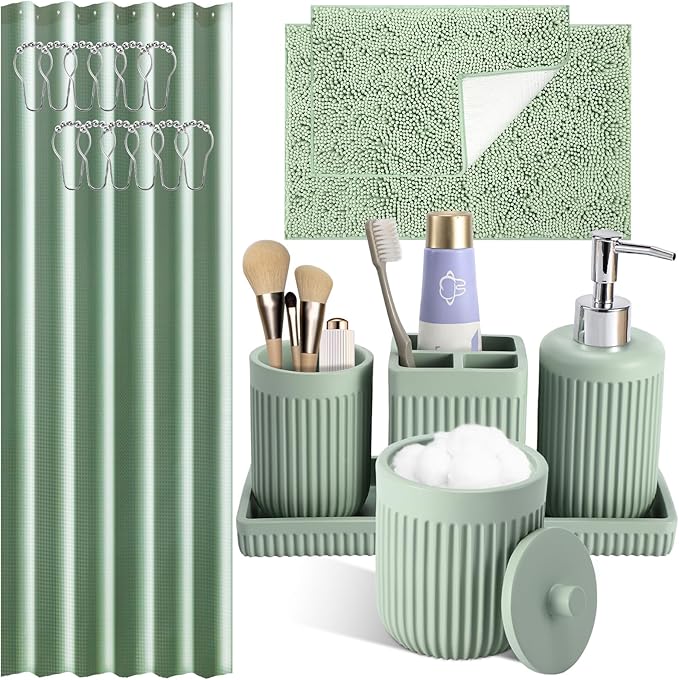Light Green Bathroom Sets with Shower Curtain and Rugs, 8-Piece Resin Bathroom by BetterbathroomwithXLHOME