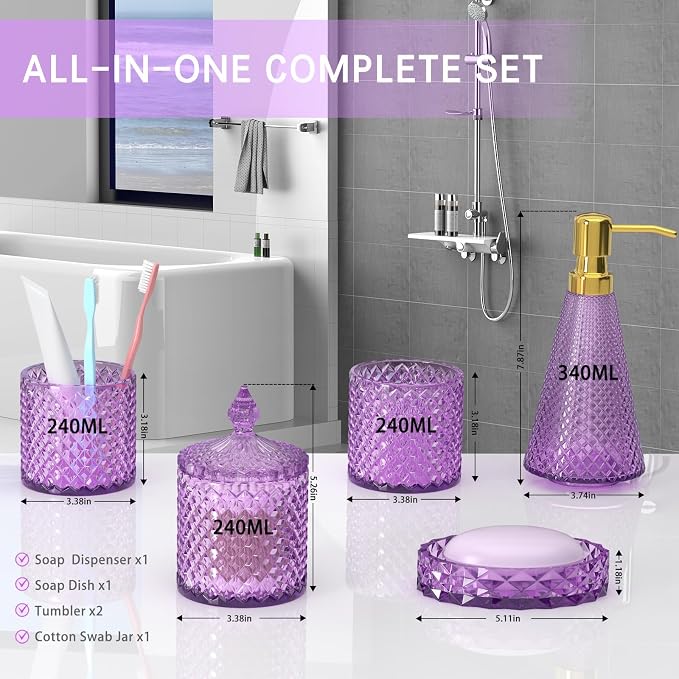 Purple Glass Bathroom Accessories Set 5 Pcs, Soap Dispenser and Toothbrush - Image 6