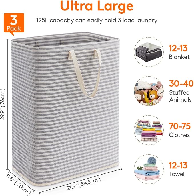 Lifewit 3 Pack Laundry Basket 125L Each, Collapsible Clothes Hamper - Image 4