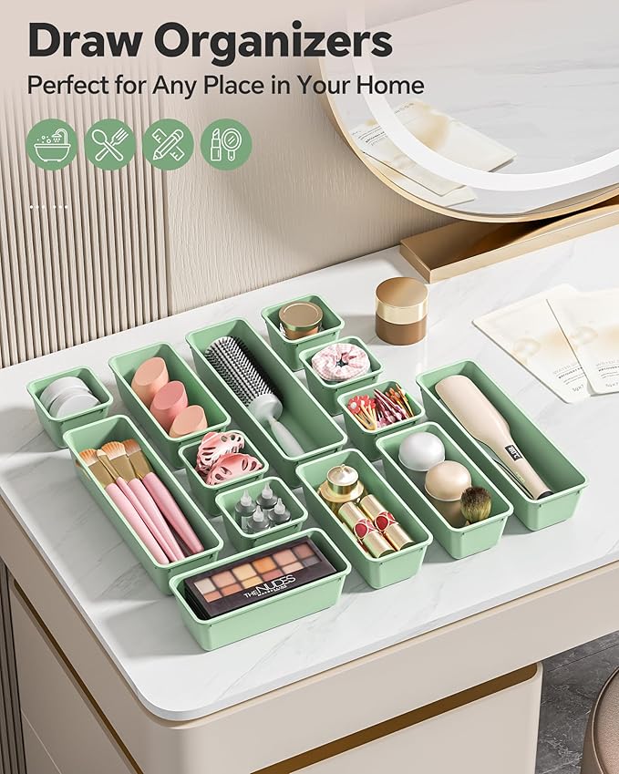 13 Pack Plastic Drawer Organizers Set, 3 Sizes Desk Drawer Organizer Trays - Image 6