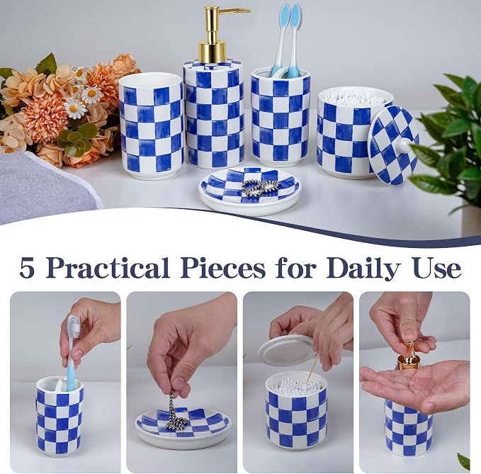 Ceramic Bathroom Soap Dispenser Set, Checkered Bathroom Vanity Set - Image 4