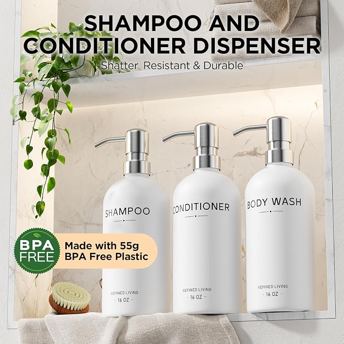 Shampoo and Conditioner Dispenser Set, 3 Refillable 16oz Bottles - Image 2