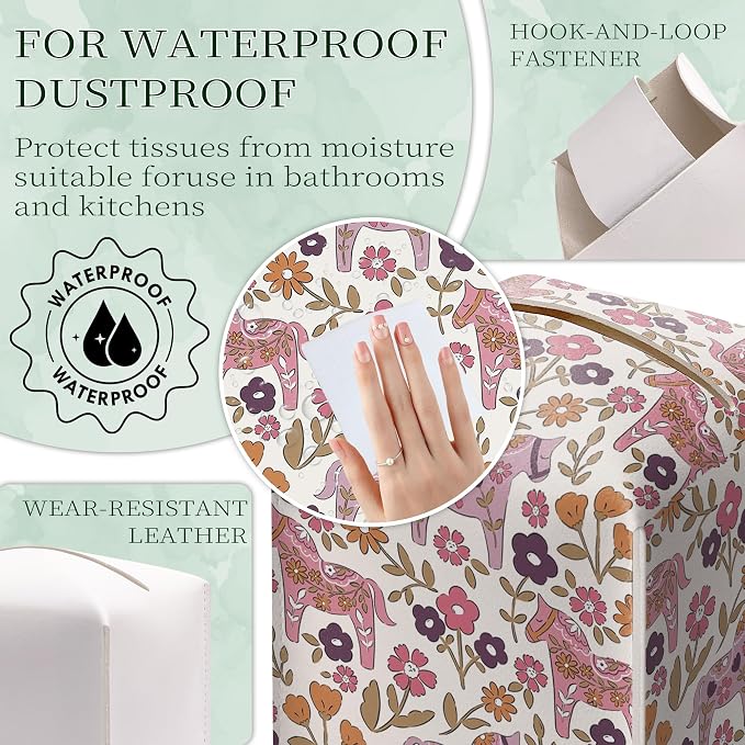 Vintage Floral Horse Tissue Box Cover, Square PU Leather Tissue Holder - Image 7