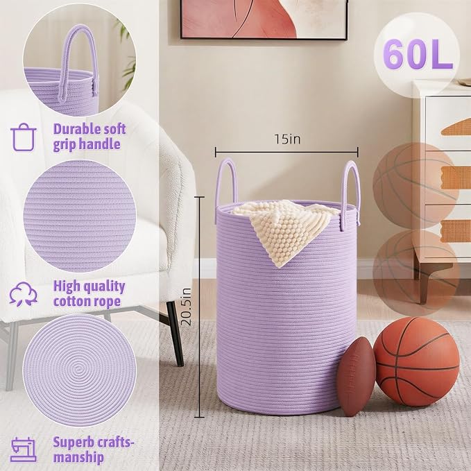 Laundry Basket, Woven Cotton Rope Laundry Hamper, 60L - Image 6