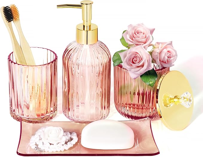 Designer Pink Glass Bathroom Accessories Sets by KUKIKAN