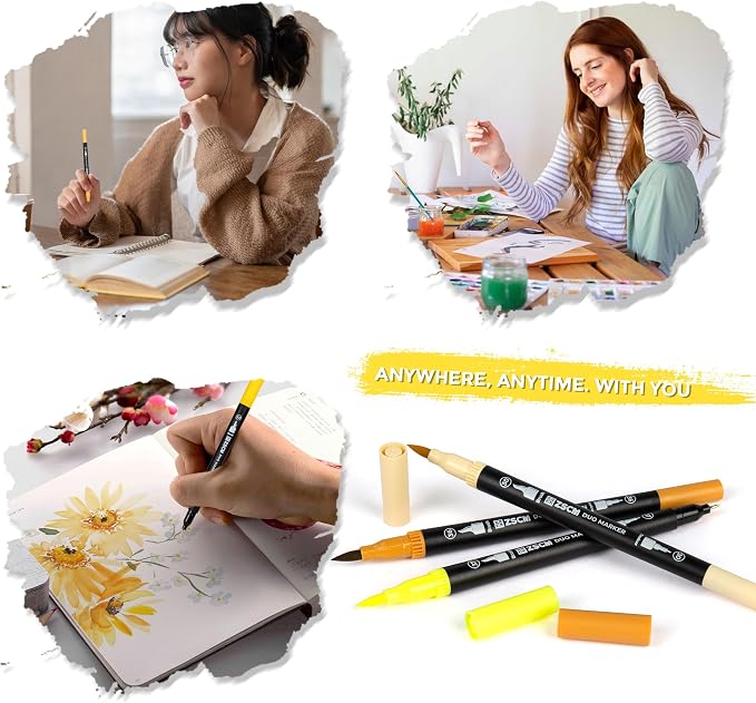 Yellow Duo Tip Marker Pens, 12 Pack Fine & Brush Markers - Image 7