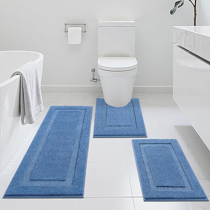SHACOS Blue Bathroom Rugs Sets 3 Piece, Soft Fluffy Water Absorbent Bathroom - Image 2