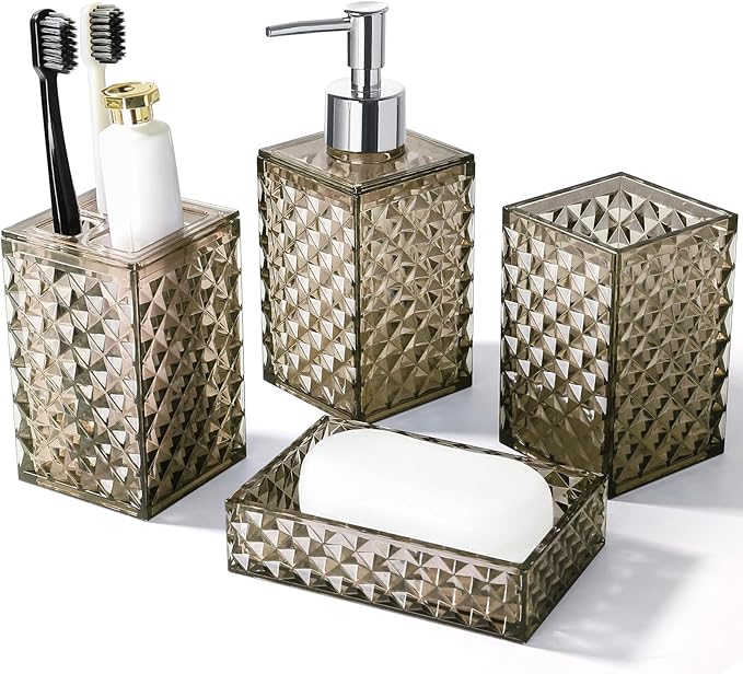 Brown Bathroom Accessories Set, 4 Pack Acrylic Bath Accessory Sets Complete by RYTOXILOBrightenUpYourHome