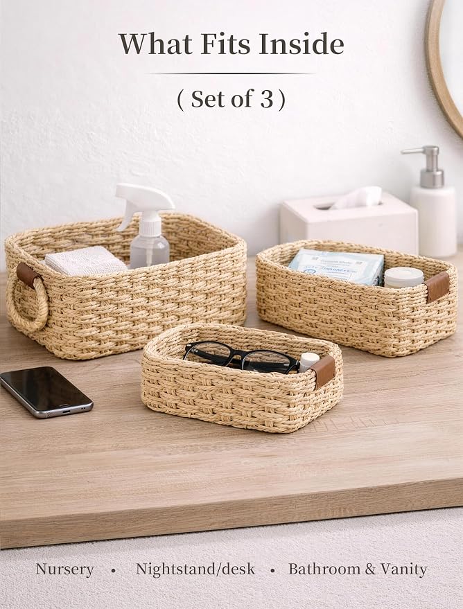 Storage Basket, Recycled Paper Rope Bathroom Basket Organizer, Mini wicker - Image 3