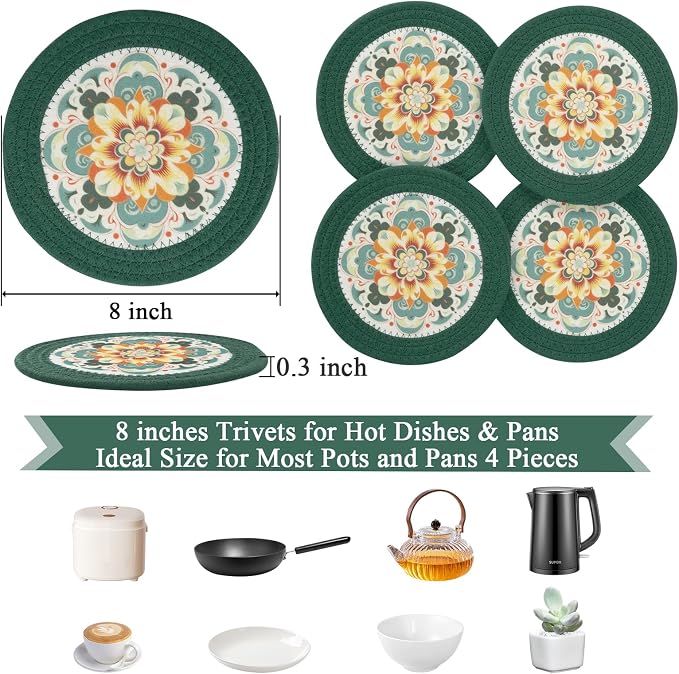 SHACOS 8 Inches Trivets for Hot Dishes, 4 Pieces Cotton and Felt Floral Trivets - Image 3