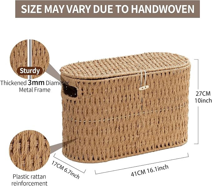 Toilet Paper Basket with Lid, Paper Rope Decor Basket - Image 3