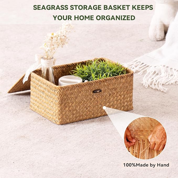 Nonam Storage Basket with Lid, Natural Seagrass Bin with Lid Set of 2, Shelf - Image 6