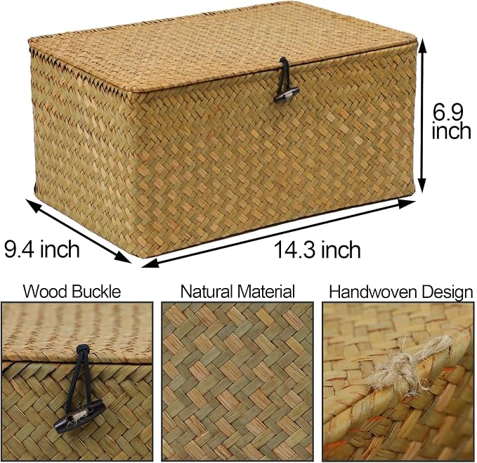 Wicker Basket with Lid, Natural Seagrass Storage Baskets - Image 3