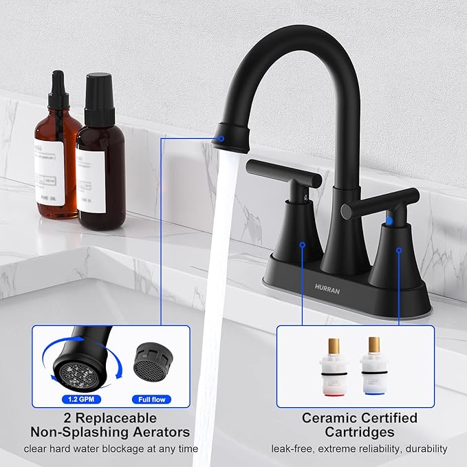 Bathroom Faucets for Sink 3 Hole, Hurran 4 inch Matte Black Bathroom Sink Faucet - Image 4