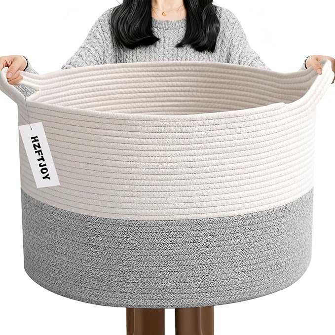 65L Large Blanket Basket, 19.7" L x 19.7" W x 13" H Rope Woven Baskets by HZFTJOY